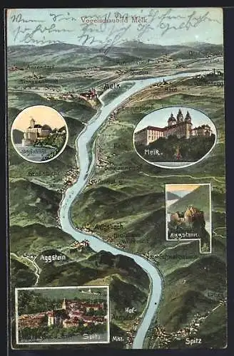AK Melk, Flusslauf der Donau aus der Vogelschau
