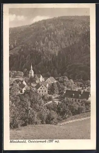 AK Mönichwald /Oststeiermark, Ortsansicht mit Kirche aus der Vogelschau