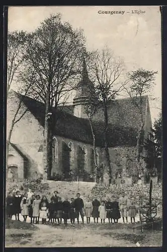 AK Courgenay, L`Église et enfants devant les arbres en automne