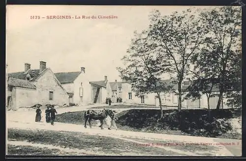 AK Sergines, La Rue du Cimetière avec passants et cheval