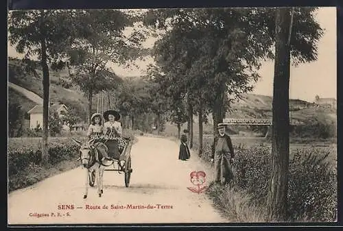 AK Sens, Route de Saint-Martin-du-Tertre avec charrette tirée par un âne et passants