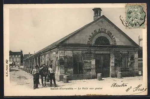 AK Saint-Florentin, La Halle aux grains avec des passants et un cheval