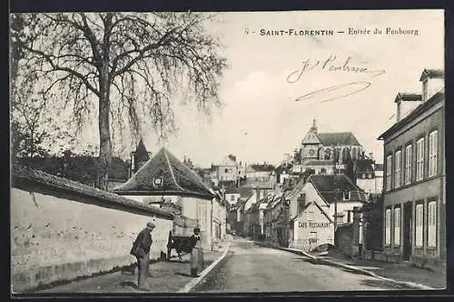 AK Saint-Florentin, Entrée du Faubourg avec vue sur l`église et rue animée