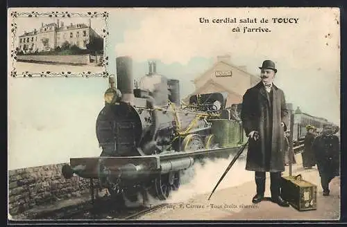 AK Toucy, Locomotive à vapeur et homme sur le quai de la gare