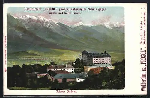 AK Innsbruck, Schloss Ambras, Reklame für Sohlenschutz Prosol