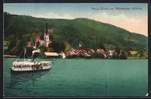 AK Maria Wörth am Wörthersee, Uferpartie mit Kirche und Dampfer
