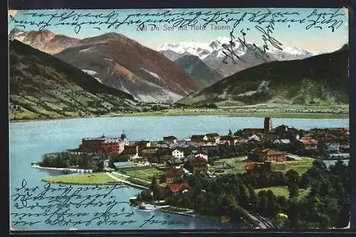 AK Zell am See, Ortspanorama mit Hohe Tauern