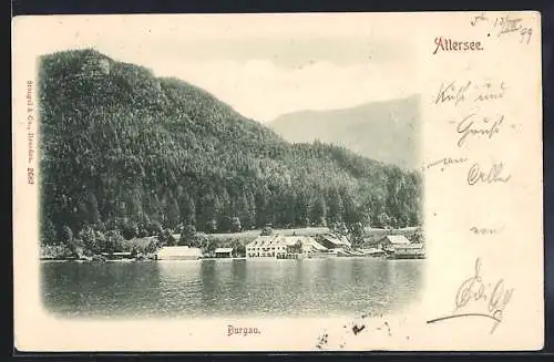 AK Burgau /Attersee, Ortsansicht vom Wasser aus