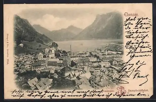AK Ebensee, Ortspartie aus der Vogelschau