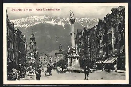 AK Innsbruck, Maria Theresienstrasse mit Geschäften und Denkmal