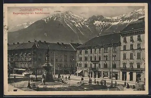AK Innsbruck, Margarethenplatz mit Geschäften und Rudolfsbrunnen