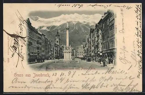 AK Innsbruck, Maria Theresienstrasse mit Geschäften und Anna-Säule
