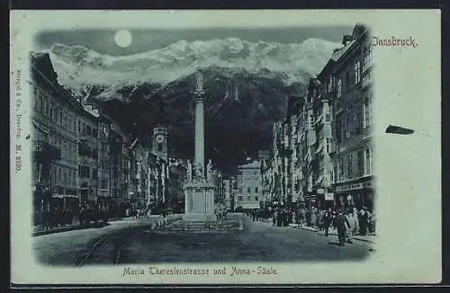 Mondschein-AK Innsbruck, Maria Theresienstrasse und Anna-Säule