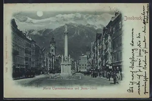 Mondschein-AK Innsbruck, Maria Theresienstrasse mit Geschäften und Anna-Säule