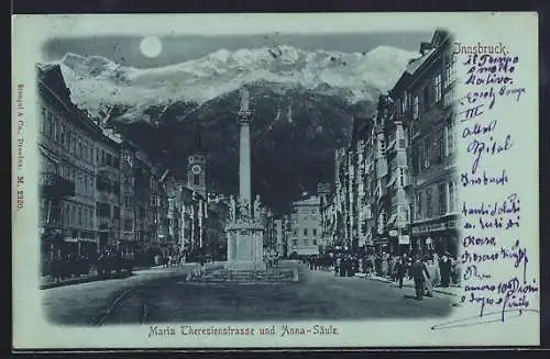 Mondschein-AK Innsbruck, Maria Theresienstrasse mit Geschäften und Anna-Säule