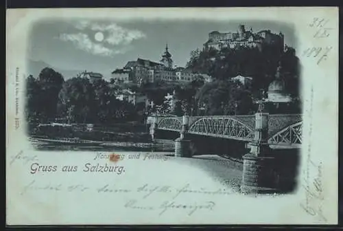 Mondschein-AK Salzburg, Nonnberg und Festung