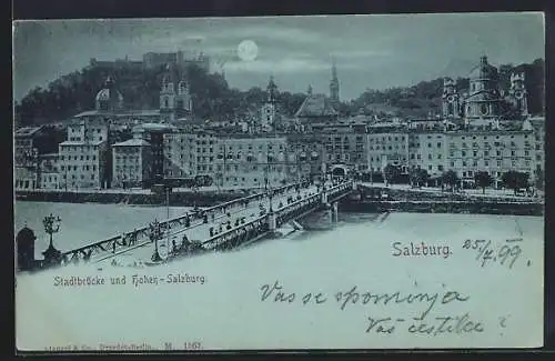 Mondschein-AK Salzburg, Stadtbrücke und Festung Hohen-Salzburg