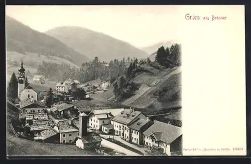 AK Gries am Brenner, Ortsansicht mit Tal u. Bergen aus der Vogelschau