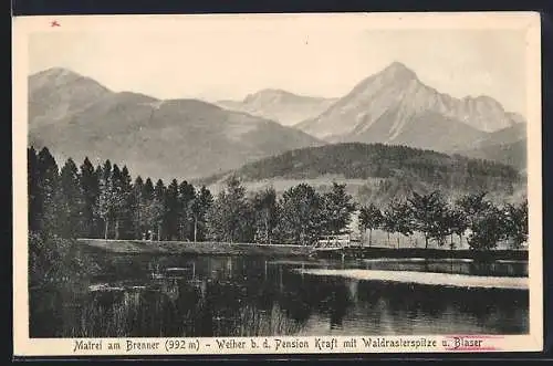 AK Matrei am Brenner, Weiher b. d. Pension Kraft, mit Waldrasterspitze u. Blaser