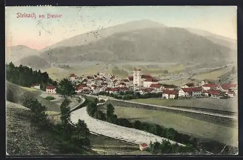 AK Steinach am Brenner, Gesamtansicht mit Fluss und Eisenbahnbrücke