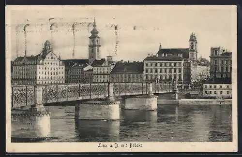 AK Linz a. D., Ortspartie mit Brücke