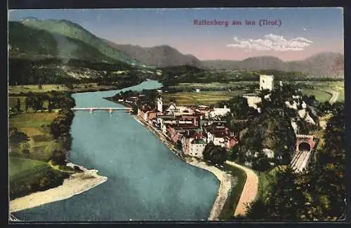 AK Rattenberg am Inn, Ortsansicht mit Inn, Brücke und Bergpanorama