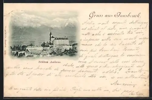 AK Innsbruck, Schloss Ambras mit Alpenpanorama