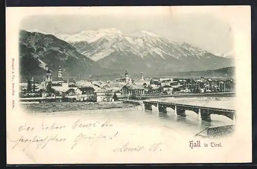 AK Hall in Tirol, Panorama mit Brücke und Bergen