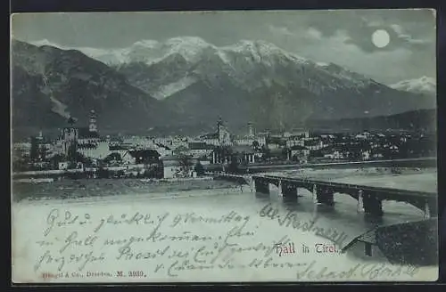 Mondschein-AK Hall in Tirol, Uferpartie mit Brücke
