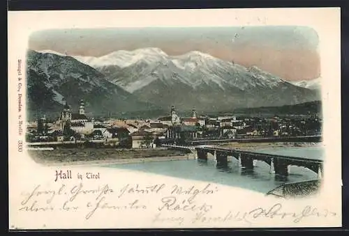 AK Hall in Tirol, Panorama mit Brücke und Bergen