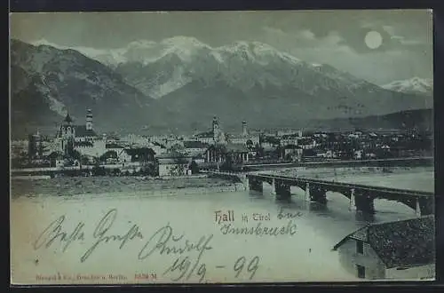 Mondschein-AK Hall in Tirol, Teilansicht mit Brücke