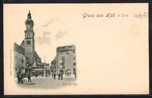 AK Hall in Tirol, Pfarrkirche mit Strassenpartie