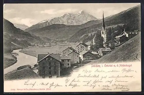 AK Sölden, Oetztalpanorama mit der Ortschaft und der Kirche