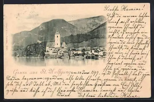 AK St. Wolfgang, Uferpartie mit Kirche