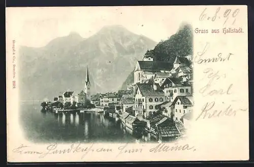 AK Hallstatt, Uferpartie mit Kirche