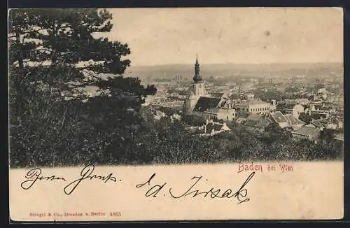 AK Baden /Wien, Blick über Ort und Kirche