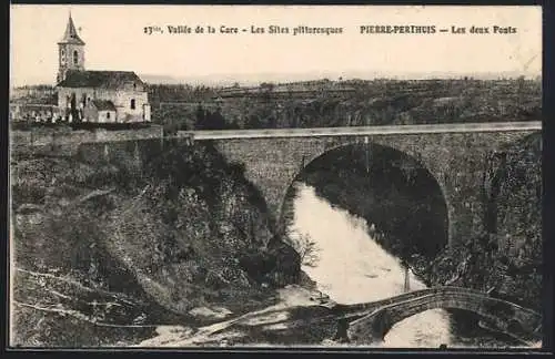 AK Pierre-Perthuis, Les deux Ponts et l`église dans la vallée de la Cure