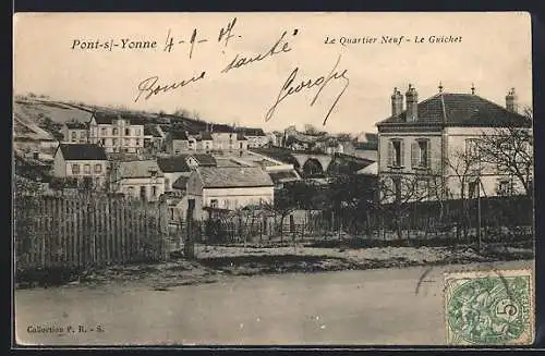 AK Pont-s.-Yonne, Le Quartier Neuf, Le Guichet, vue sur le quartier et les collines en arrière-plan