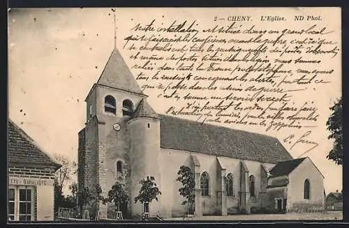 AK Cheny, L`Église avec écriture manuscrite sur la facade