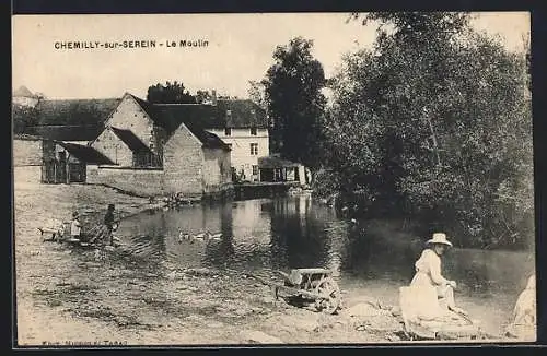 AK Chemilly-sur-Serein, Le Moulin et la rivière avec des villageois et des canards