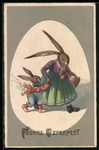 AK Zwei Osterhasen mit Ostereiern und Weidenkätzchen, Frohes Osterfest