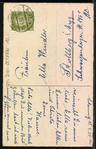 AK Zwei Osterhasen mit Ostereiern und Weidenkätzchen, Frohes Osterfest