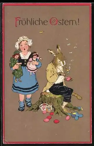 AK Osterhase bemalt Ostereier und raucht Pfeife