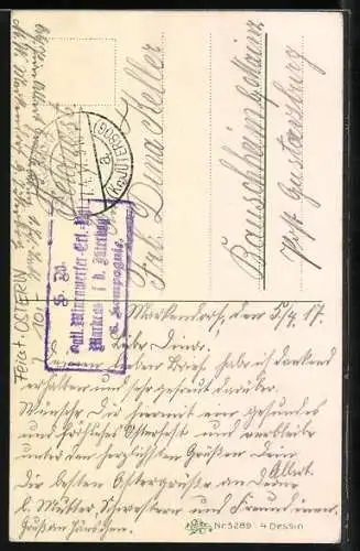 AK Osterhase bemalt Ostereier und raucht Pfeife