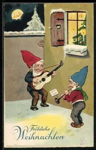AK Zwei Zwerge musizieren zu Weihnachten vor einem Fenster, Fröhliche Weihnachten