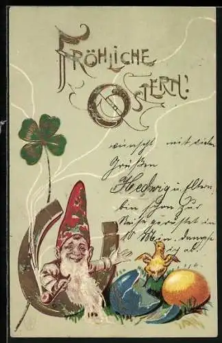 Lithographie Zwerg mit Hufeisen, Kleeblatt und Osterküken
