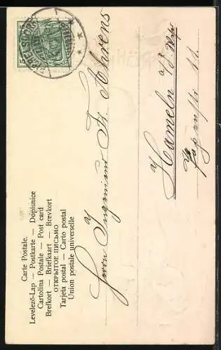 Lithographie Zwerg mit Hufeisen, Kleeblatt und Osterküken