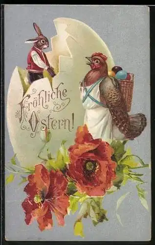 AK Osterhase in einem Ei, Henne mit einem Korb Ostereier, Fröhliche Ostern