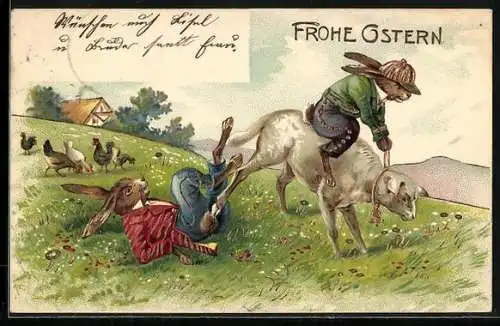 Präge-AK Osterhase reitet auf einem Lamm