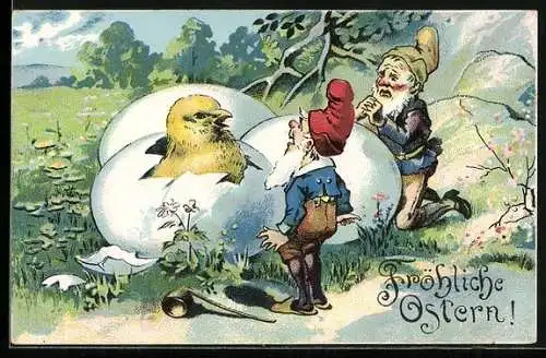 AK Zwerge sehen ein Osterküken aus dem Ei schlüpfen